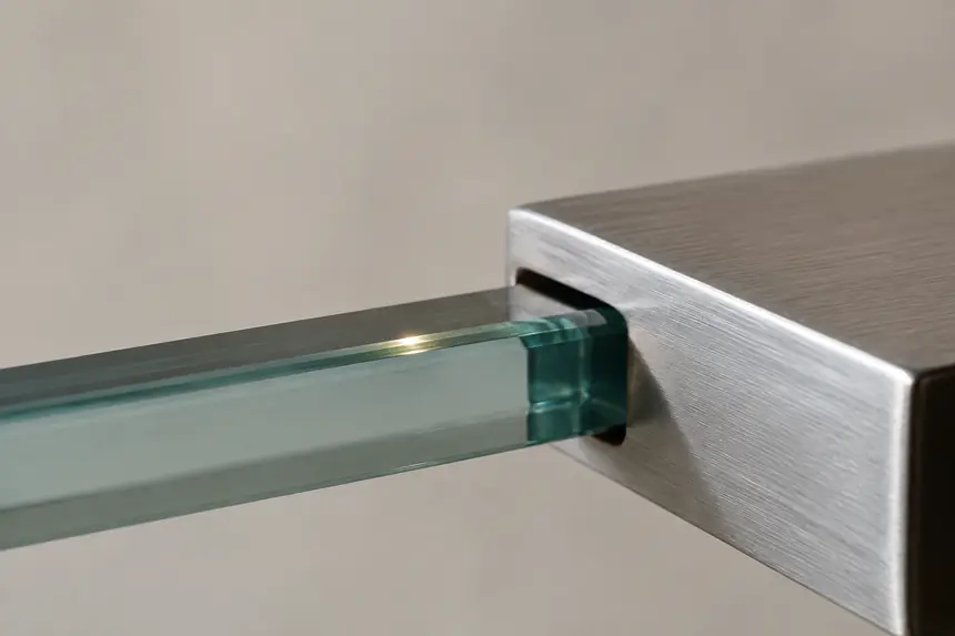 Detalhe da borda polida do vidro temperado encaixada na ferragem de inox